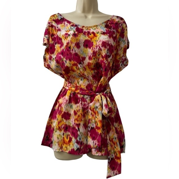 Como M Abstract Floral Belted Tunic Top, Vibrant Pink Yellow Print, Size M - Picture 1 of 11